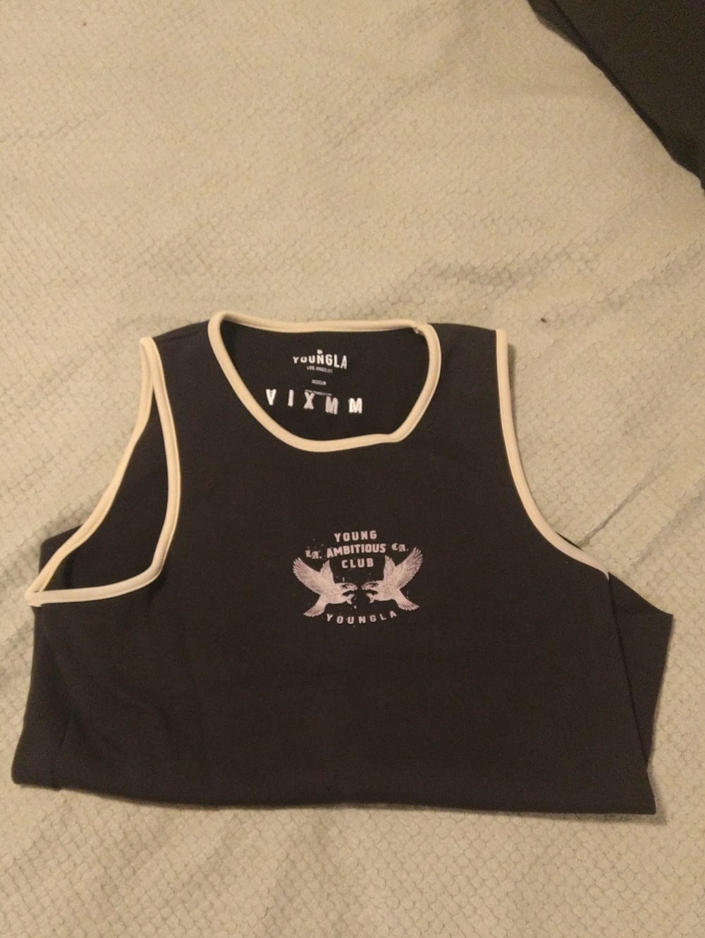 YoungLA Black Tank Top with Cream Trim and Eagle Graphic